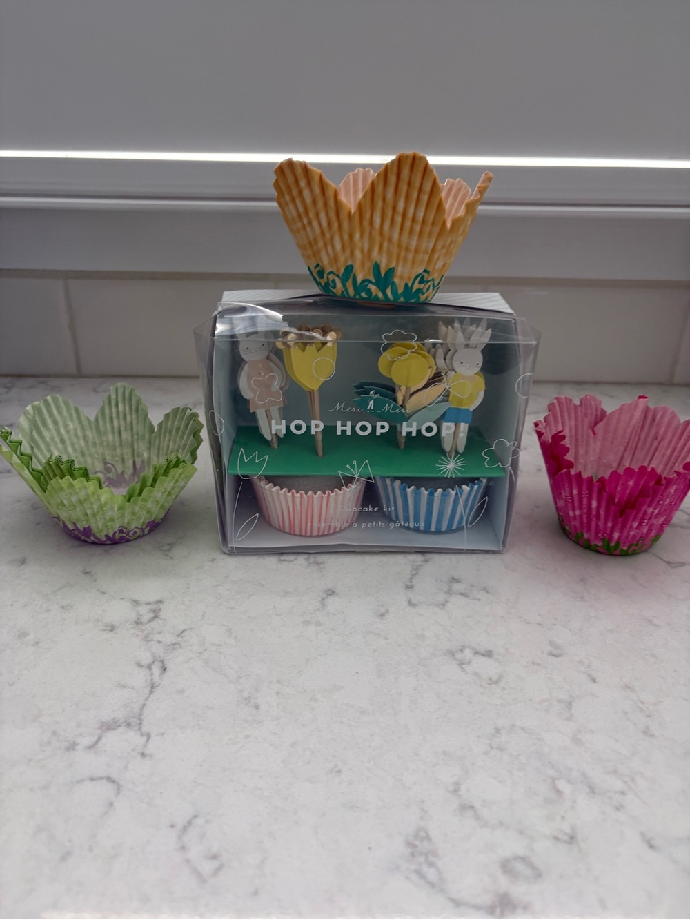 Hop Hop Hop Bunny Cupcake Liners& Picks - Multicolor with large flower cupcake